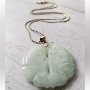 OFFERS WELCOME 14k Bail Double Fish Jadeite/Nephrite Jade Pendant Goldtone Chain